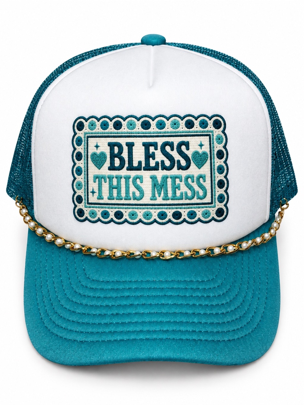 NWOT Bless This Mess Teal White Trucker Hat Pearl Gold Chain Snapback
